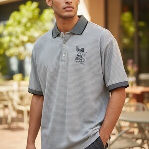 Vintage Golf Polo Shirt Mens Large Gray Textured Embroidered Cartoon Made USA